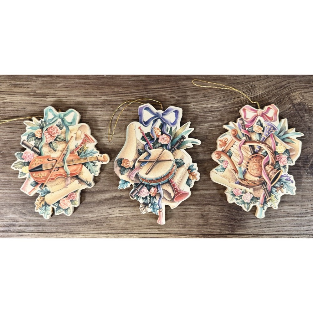 Vintage Victorian 3 Wood Die Cut Christmas Ornaments 2 Sided Music Bow Cottage